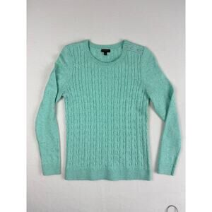 Talbots Crewneck Cable Knit Sweater Mint Green Cotton Blend Button Detail Small